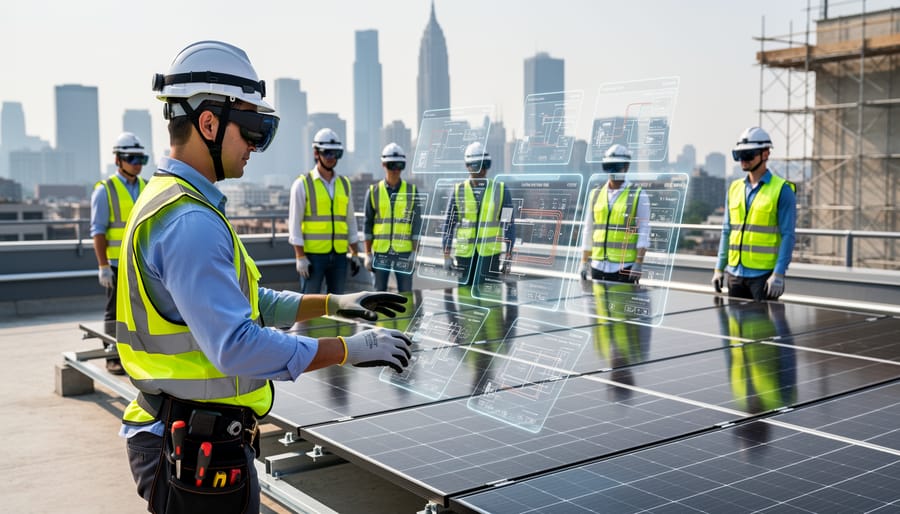 Solar installation trainee using augmented reality glasses during hands-on training with solar equipment