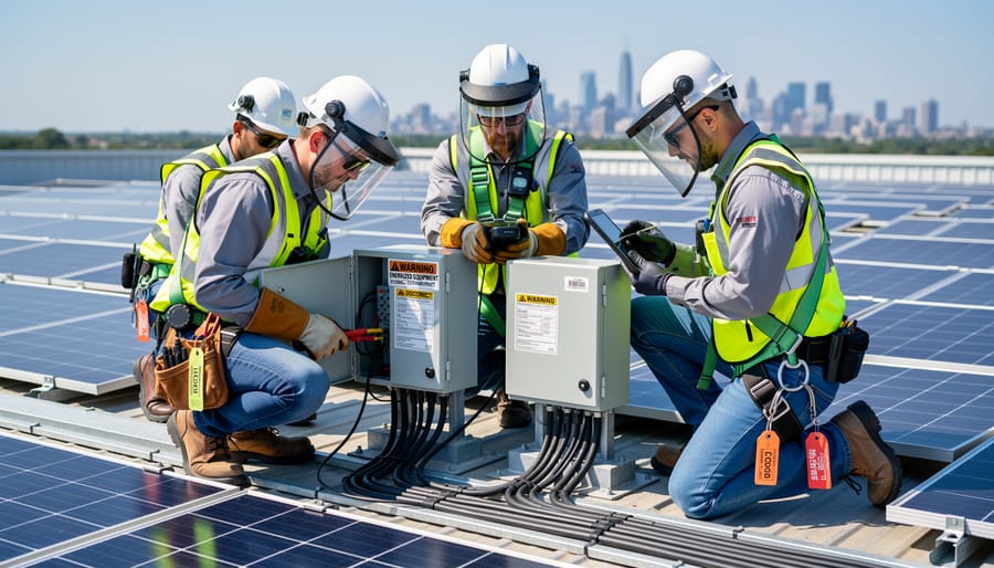 Solar technician wearing orange arc flash protective clothing and face shield working on rooftop photovoltaic array