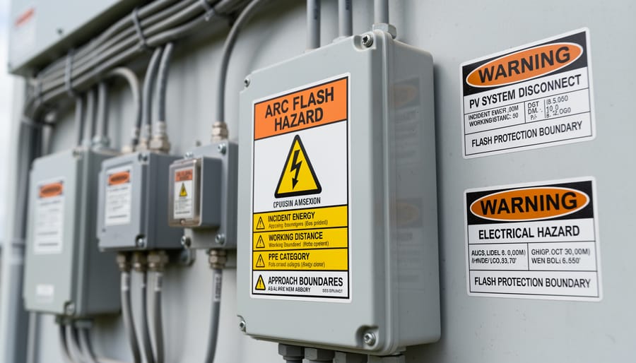 Yellow arc flash warning label with lightning symbol on solar inverter equipment