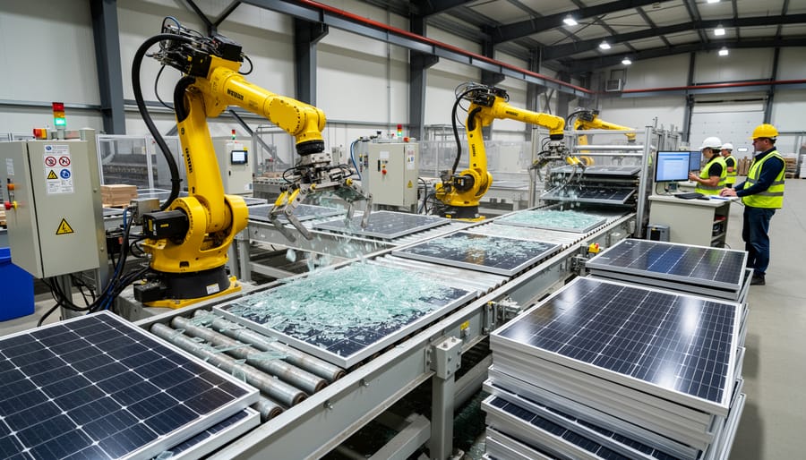 Modern automated solar panel recycling facility with robotic equipment and conveyor systems