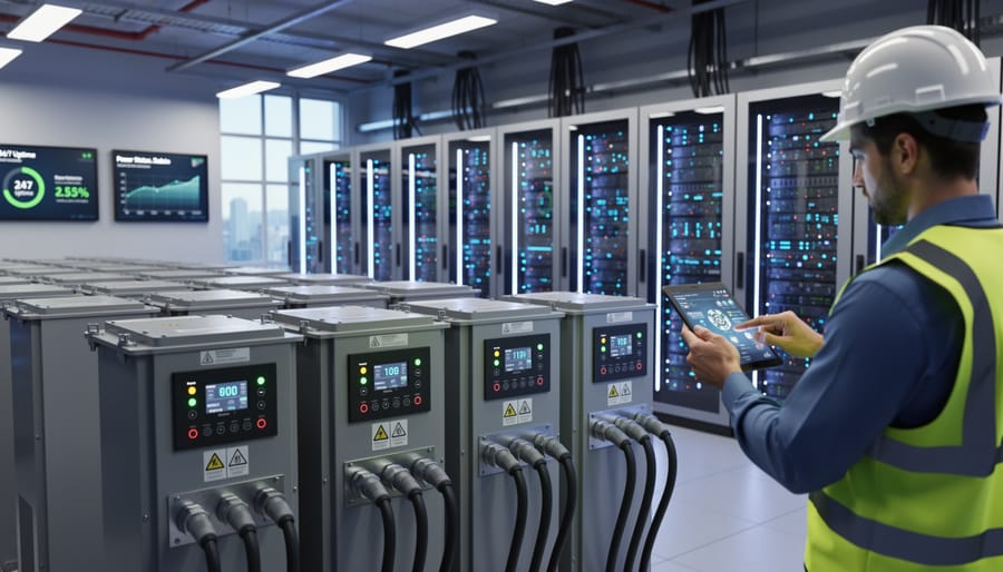 Industrial battery energy storage system with monitoring equipment in technical facility