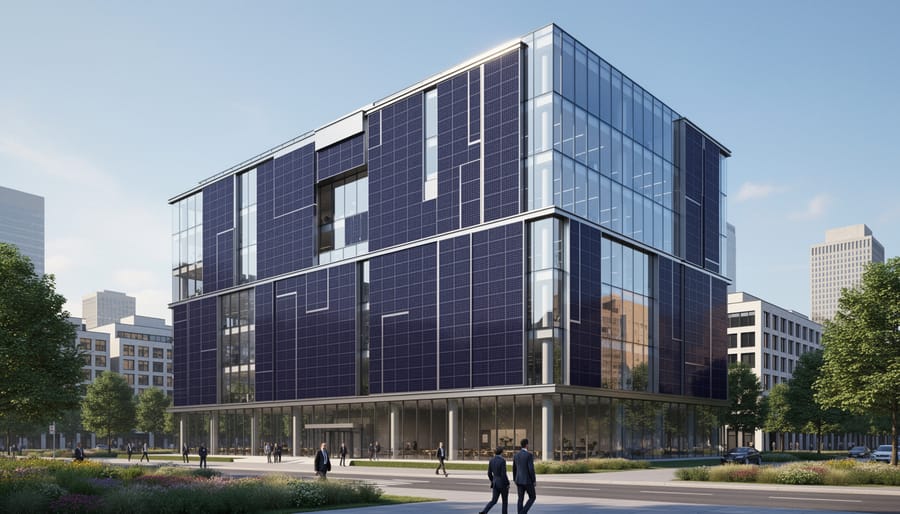 Modern commercial building with solar panels integrated into vertical glass facade