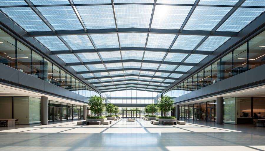 Modern skylight with semi-transparent solar panels filtering natural light into building interior