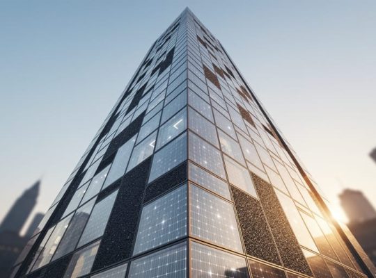 Low-angle view of a modern high-rise with semi-transparent photovoltaic glass and opaque PV spandrel panels glowing in warm side light, with a softly blurred city skyline behind.