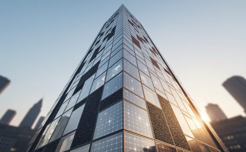 Low-angle view of a modern high-rise with semi-transparent photovoltaic glass and opaque PV spandrel panels glowing in warm side light, with a softly blurred city skyline behind.