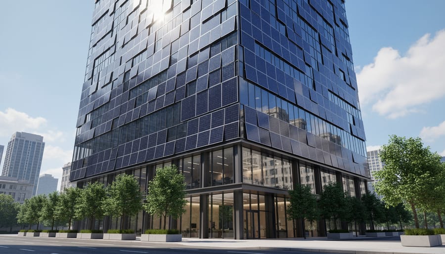Modern commercial building with integrated solar panels on facade and rooftop