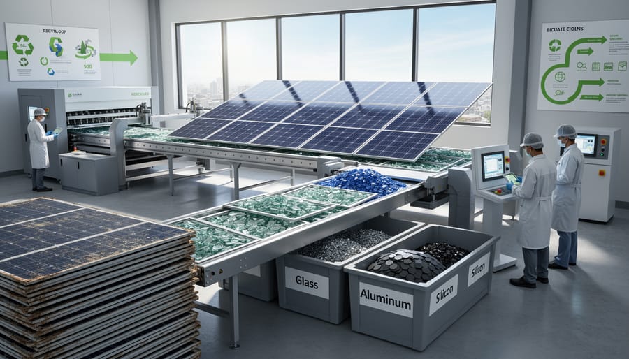 New solar panels on production line with recovered silicon materials in foreground