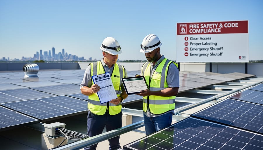 Building inspector reviewing code compliance documentation at solar panel installation site