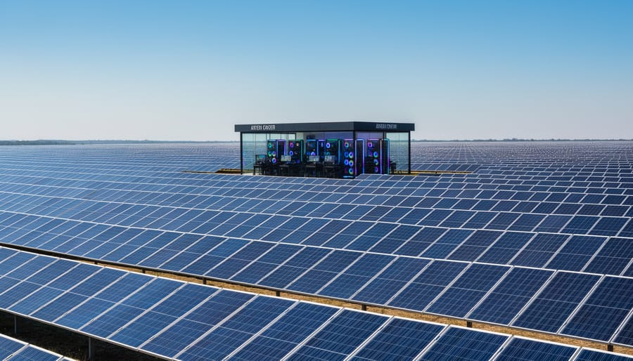 Aerial view of extensive commercial solar panel installation on industrial building rooftop