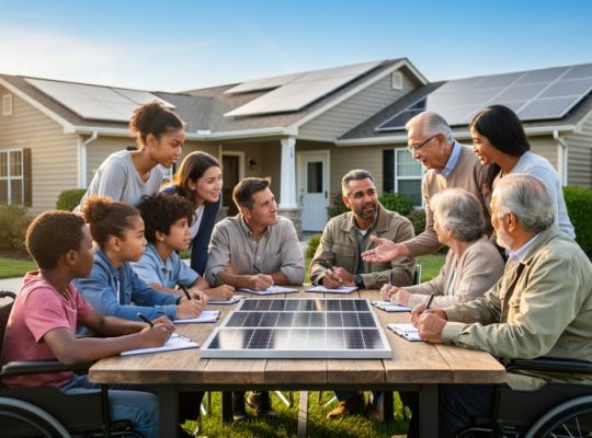 Diverse adults and elders meet at an outdoor table next to a small solar panel array while a facilitator points to model solar tiles, with a community center and homes with rooftop panels in the background at golden hour.