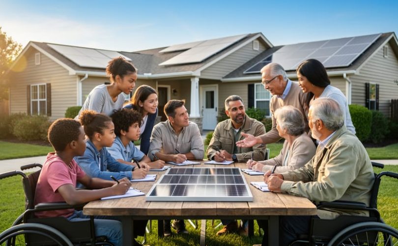 Diverse adults and elders meet at an outdoor table next to a small solar panel array while a facilitator points to model solar tiles, with a community center and homes with rooftop panels in the background at golden hour.