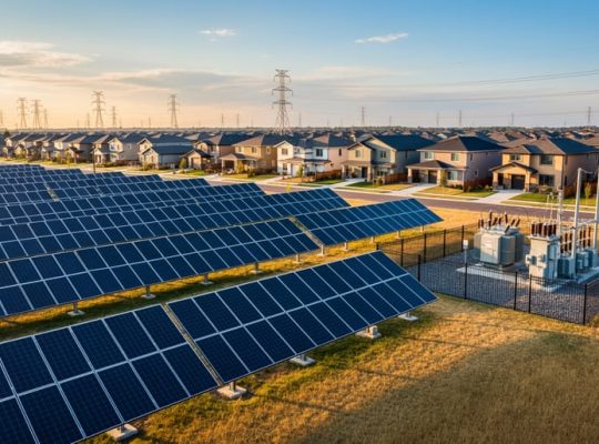 Community-scale solar array adjacent to suburban homes with a small utility substation and power lines at sunset, viewed from a slightly elevated angle.