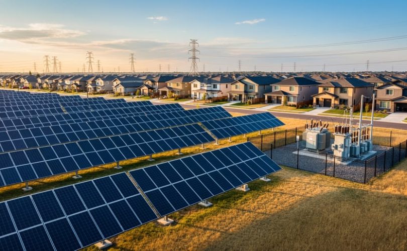 Community-scale solar array adjacent to suburban homes with a small utility substation and power lines at sunset, viewed from a slightly elevated angle.