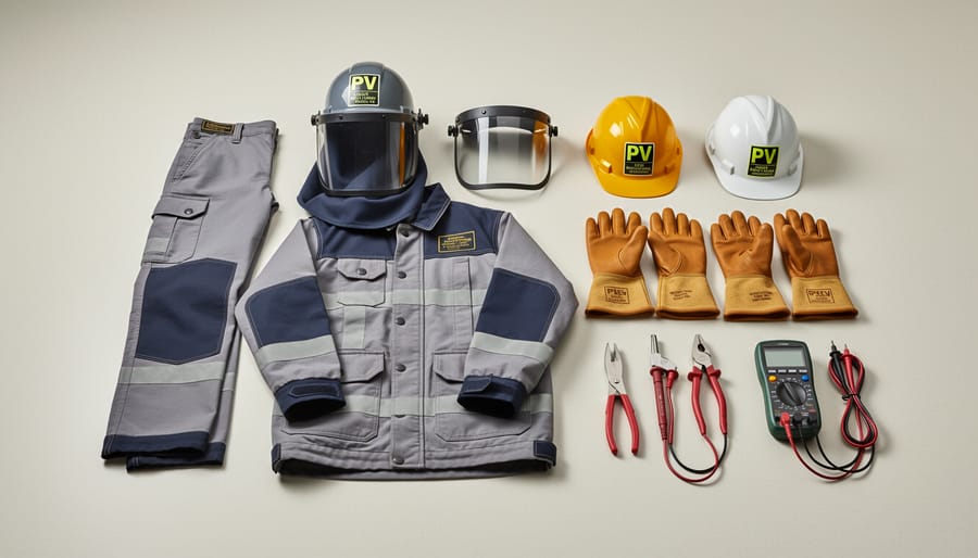 Complete set of arc flash personal protective equipment including jacket, hard hat, face shield, and insulated gloves