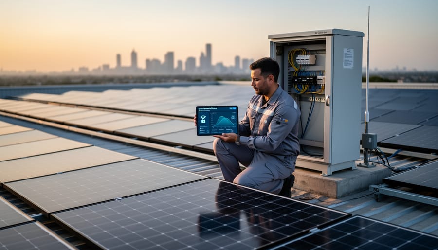 Solar panel array on commercial rooftop with visible monitoring equipment and network infrastructure
