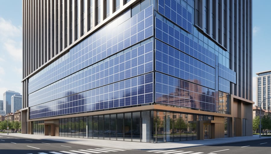 Close-up of frameless crystalline silicon solar panel integrated into building facade