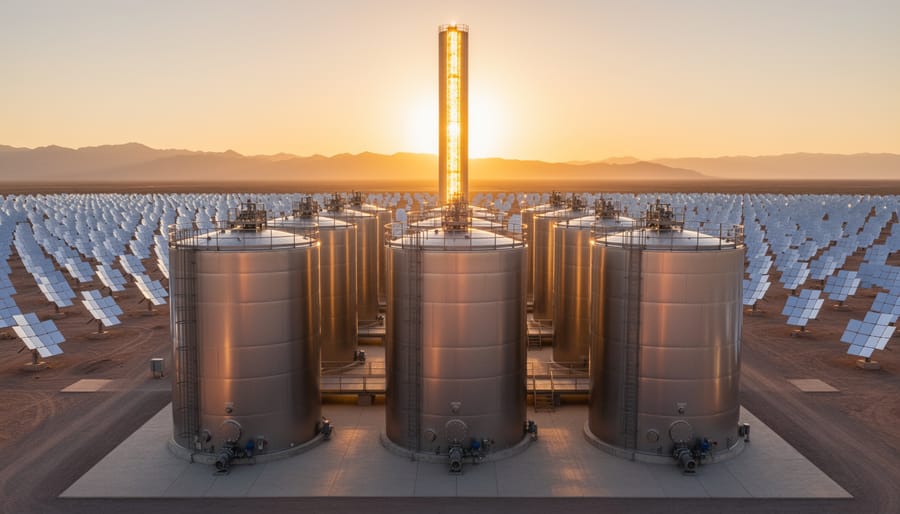 Industrial molten salt storage tanks at concentrated solar power facility