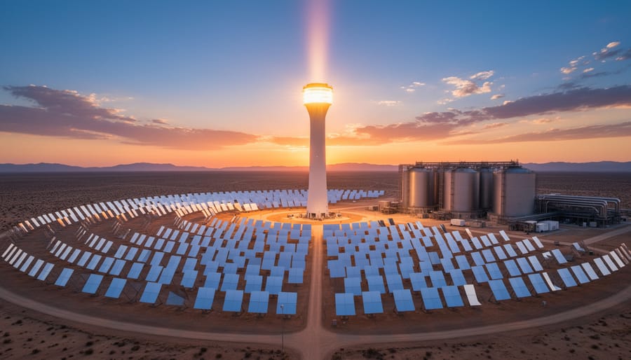 Concentrated solar power tower facility with heliostats reflecting sunlight