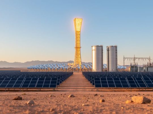 Concentrated solar power tower with receiver and large molten-salt tanks next to a broad photovoltaic panel field in a desert at golden hour, with heliostat mirrors, a small substation, and distant mountains on the horizon