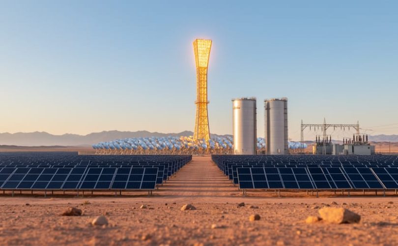 Concentrated solar power tower with receiver and large molten-salt tanks next to a broad photovoltaic panel field in a desert at golden hour, with heliostat mirrors, a small substation, and distant mountains on the horizon