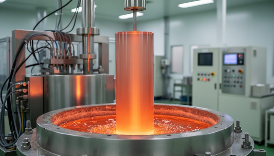 Czochralski process showing single-crystal silicon ingot being grown from molten silicon