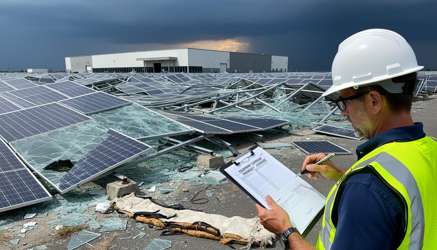 Close-up of damaged solar panel showing cracks and weather-related deterioration