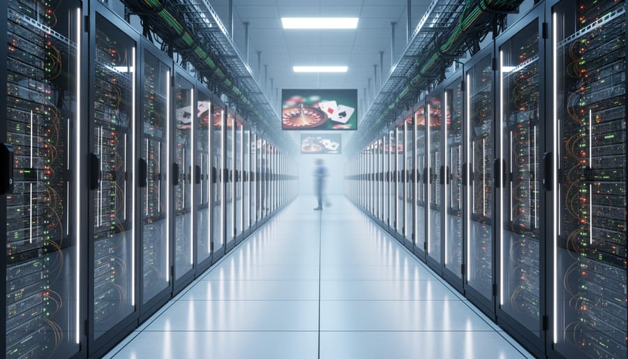 Modern data center with rows of server racks illuminated by blue LED lights