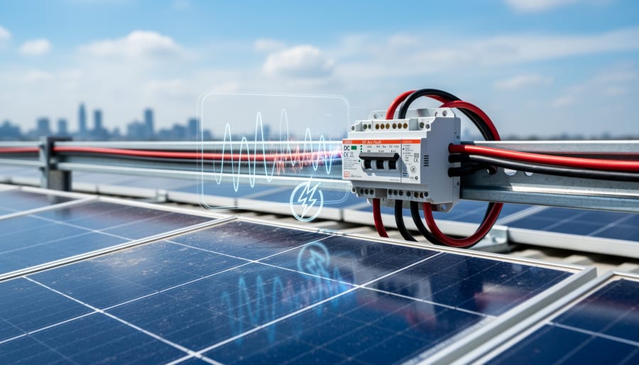 DC arc fault circuit interrupter protection device installed in solar electrical panel