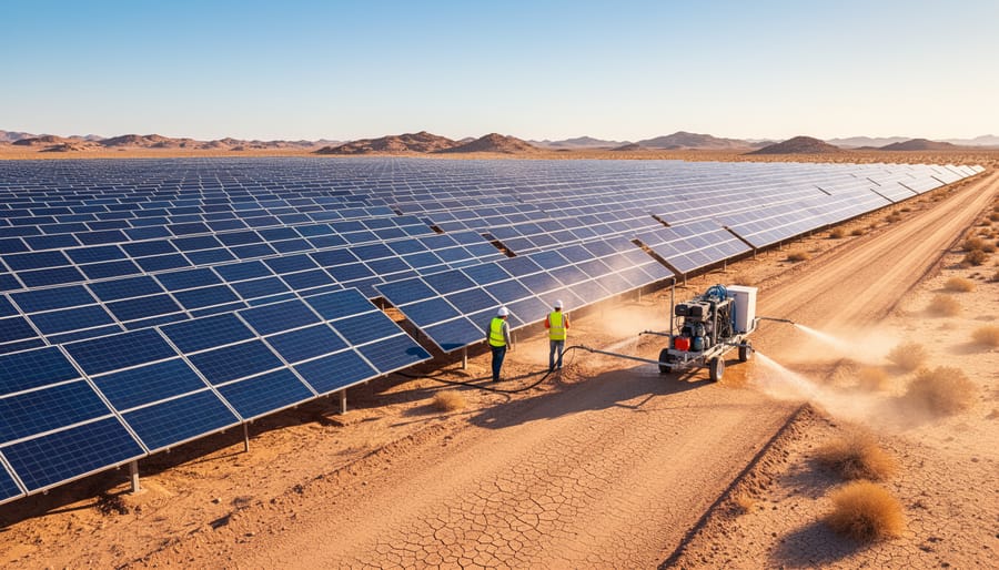 Solar panel array in desert environment showing dust accumulation