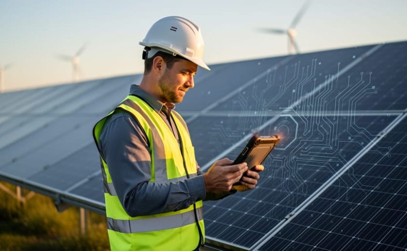 Solar engineer in a safety vest holding a tablet while inspecting photovoltaic panels at golden hour, with faint circuit-like overlay on the panel surface and blurred rows of panels and distant wind turbines in the background.
