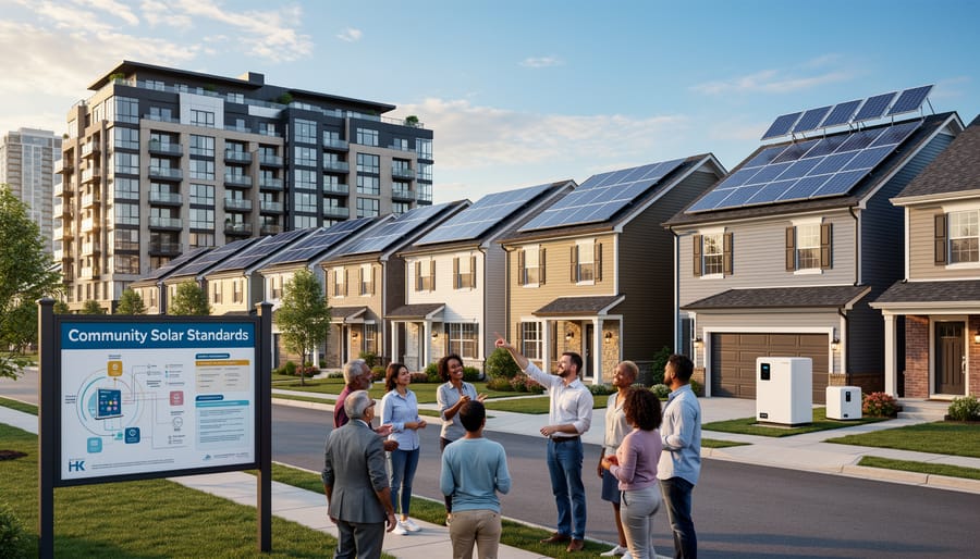 Diverse neighborhood with various types of solar installations on different housing structures