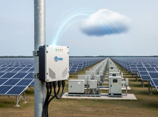 Industrial edge gateway mounted near a utility-scale solar panel array with subtle light trails rising toward a cloud under bright overcast light, inverter skids and panel rows receding in the background.