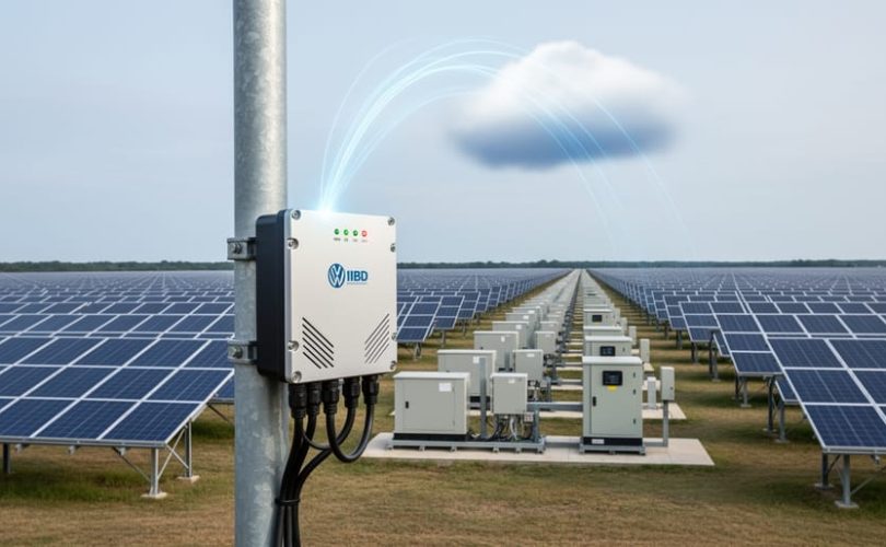 Industrial edge gateway mounted near a utility-scale solar panel array with subtle light trails rising toward a cloud under bright overcast light, inverter skids and panel rows receding in the background.