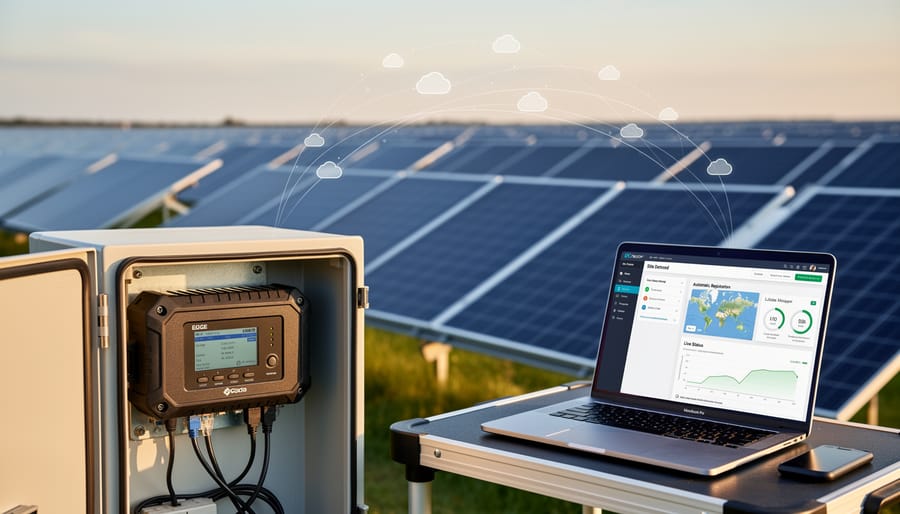 Edge computing gateway device installed next to solar inverters in industrial setting