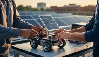 Close-up of college students adjusting a small wheeled robot with a tilting mini solar panel on a rooftop test table, side-lit by warm sunlight with blurred solar panels in the background.