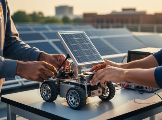 Close-up of college students adjusting a small wheeled robot with a tilting mini solar panel on a rooftop test table, side-lit by warm sunlight with blurred solar panels in the background.