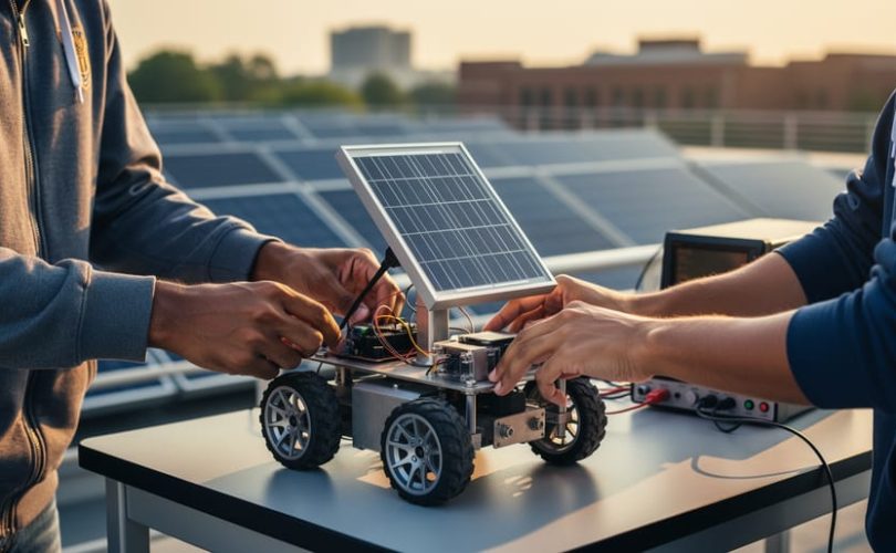 Close-up of college students adjusting a small wheeled robot with a tilting mini solar panel on a rooftop test table, side-lit by warm sunlight with blurred solar panels in the background.