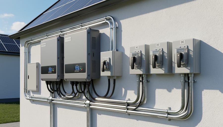 Electrical balance-of-system components mounted on residential wall including inverter and disconnect switches