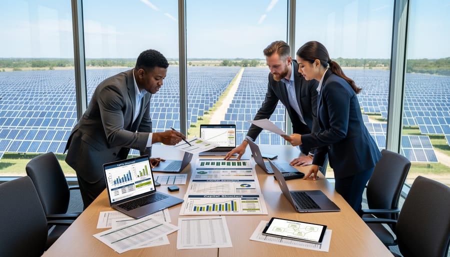 Business professional reviewing financial documents at desk with calculator