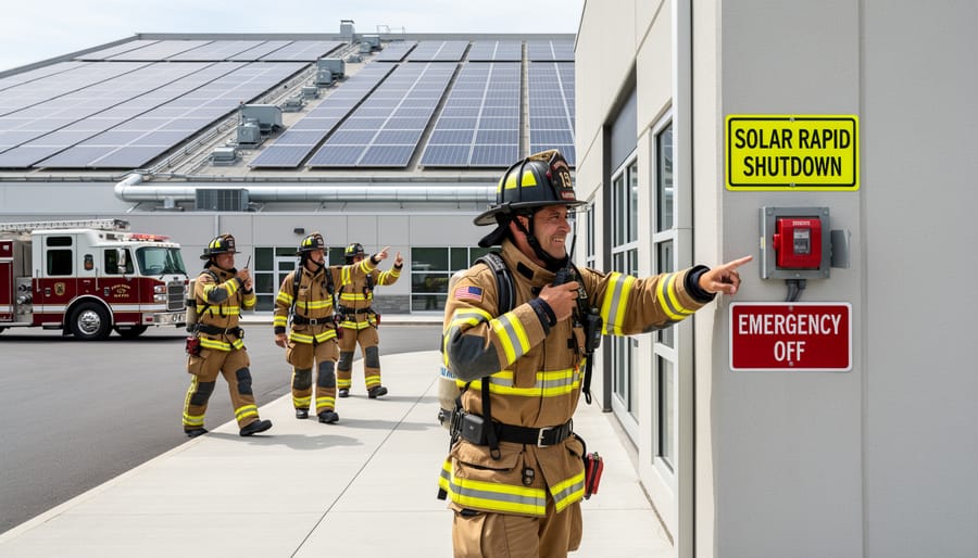 Firefighter in protective gear inspecting solar panel system on residential roof