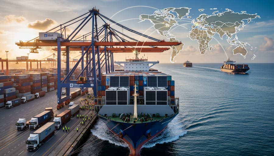 Aerial view of cargo container ship transporting goods across ocean