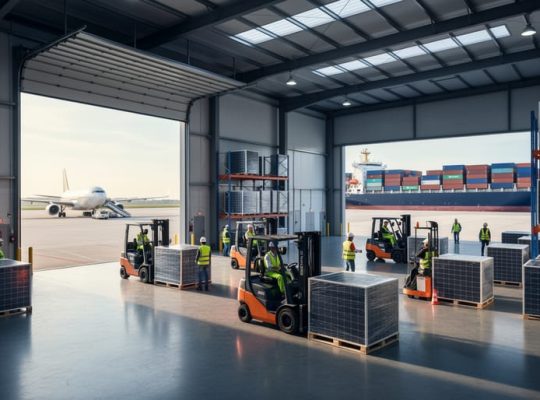 Forklifts moving palletized solar panels through a modern warehouse, with a cargo jet and container ship visible beyond open bay doors.