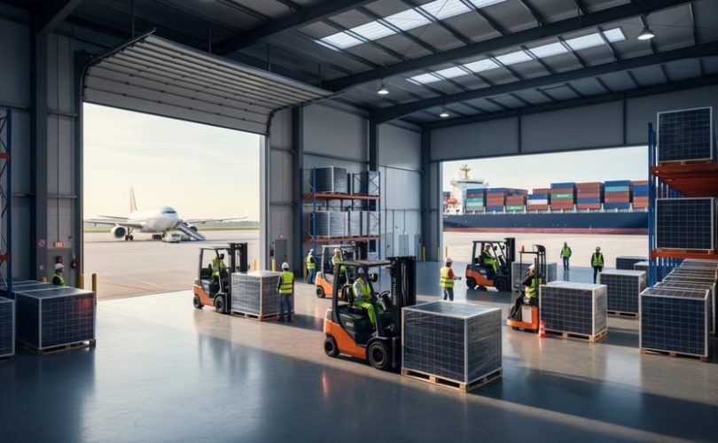Forklifts moving palletized solar panels through a modern warehouse, with a cargo jet and container ship visible beyond open bay doors.