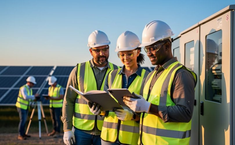 Team of solar engineers in hard hats and vests review a tablet and binder beside a combiner cabinet at a utility-scale solar array during golden hour, with blurred rows of panels and trainees taking measurements in the background.