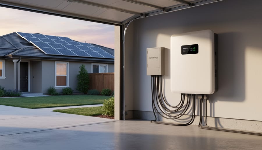Residential battery storage system installed on garage wall with electrical connections