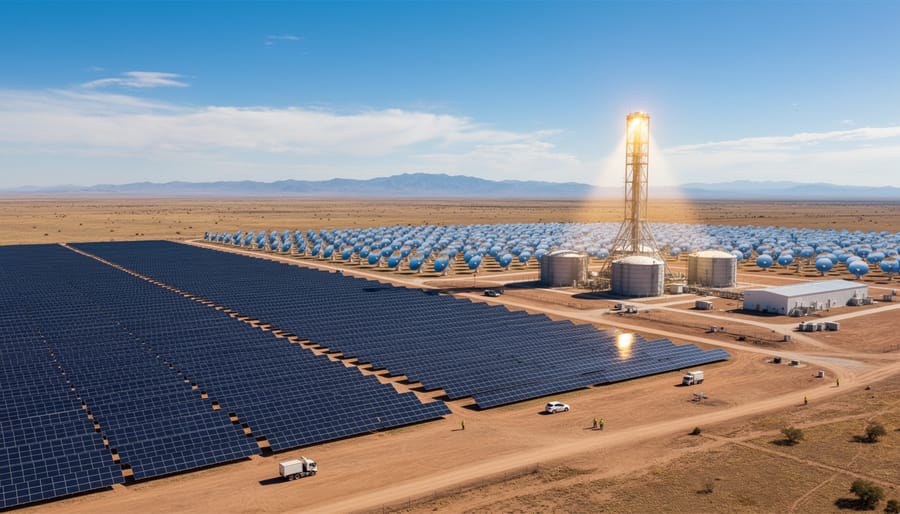 Aerial view of hybrid solar power facility with both CSP and photovoltaic systems