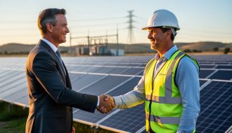 Insurance executive and solar engineer shake hands next to a utility-scale solar farm at golden hour, with rows of panels, a distant substation, and transmission lines softly blurred in the background.