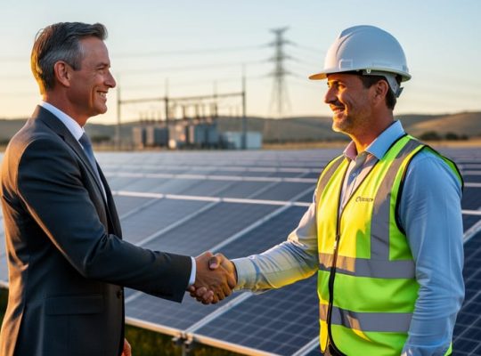 Insurance executive and solar engineer shake hands next to a utility-scale solar farm at golden hour, with rows of panels, a distant substation, and transmission lines softly blurred in the background.