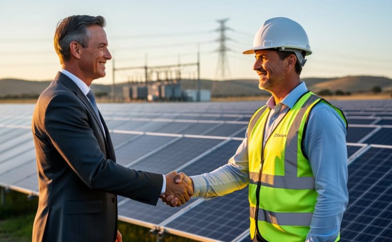 Insurance executive and solar engineer shake hands next to a utility-scale solar farm at golden hour, with rows of panels, a distant substation, and transmission lines softly blurred in the background.