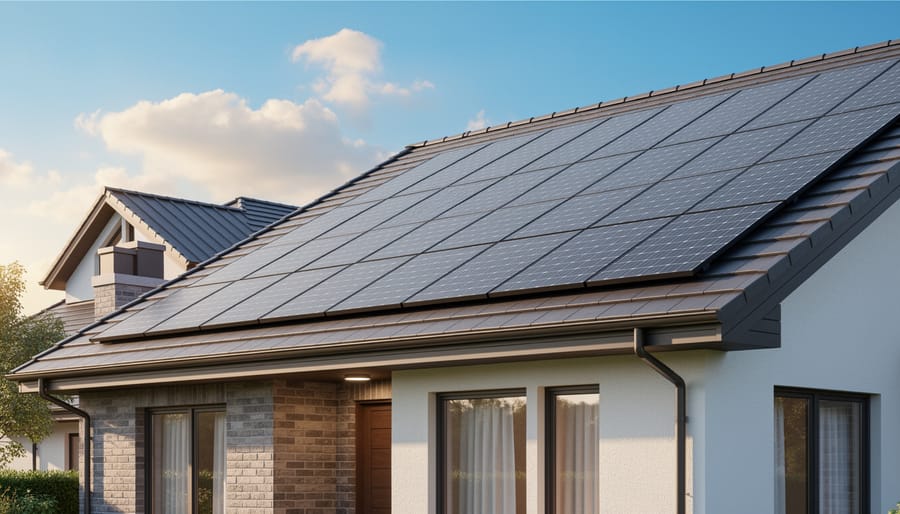 Modern home with integrated solar roof tiles forming part of the building structure